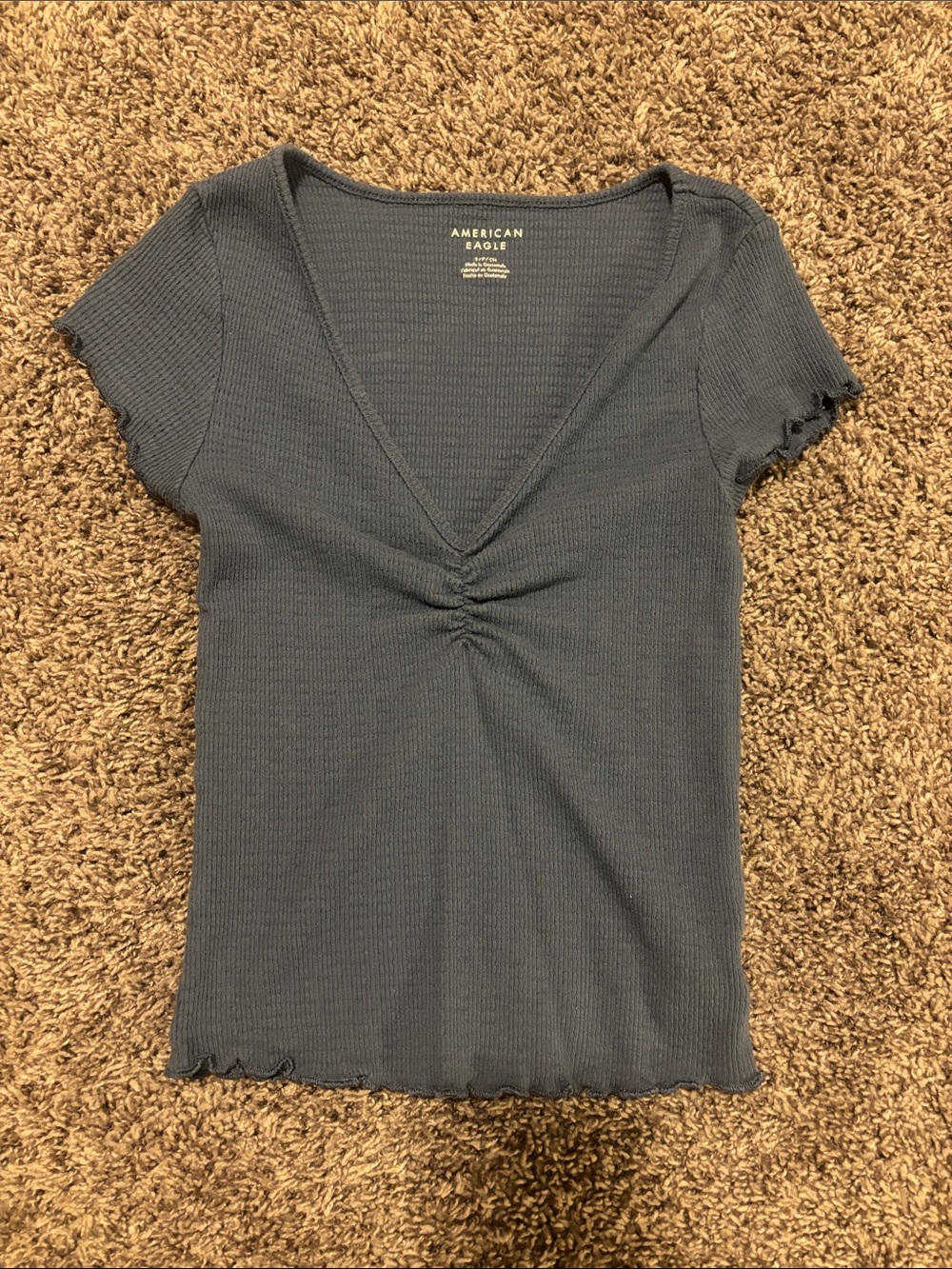 American Eagle Outfitters Blue Ribbed V-Neck Short Sleeve Top